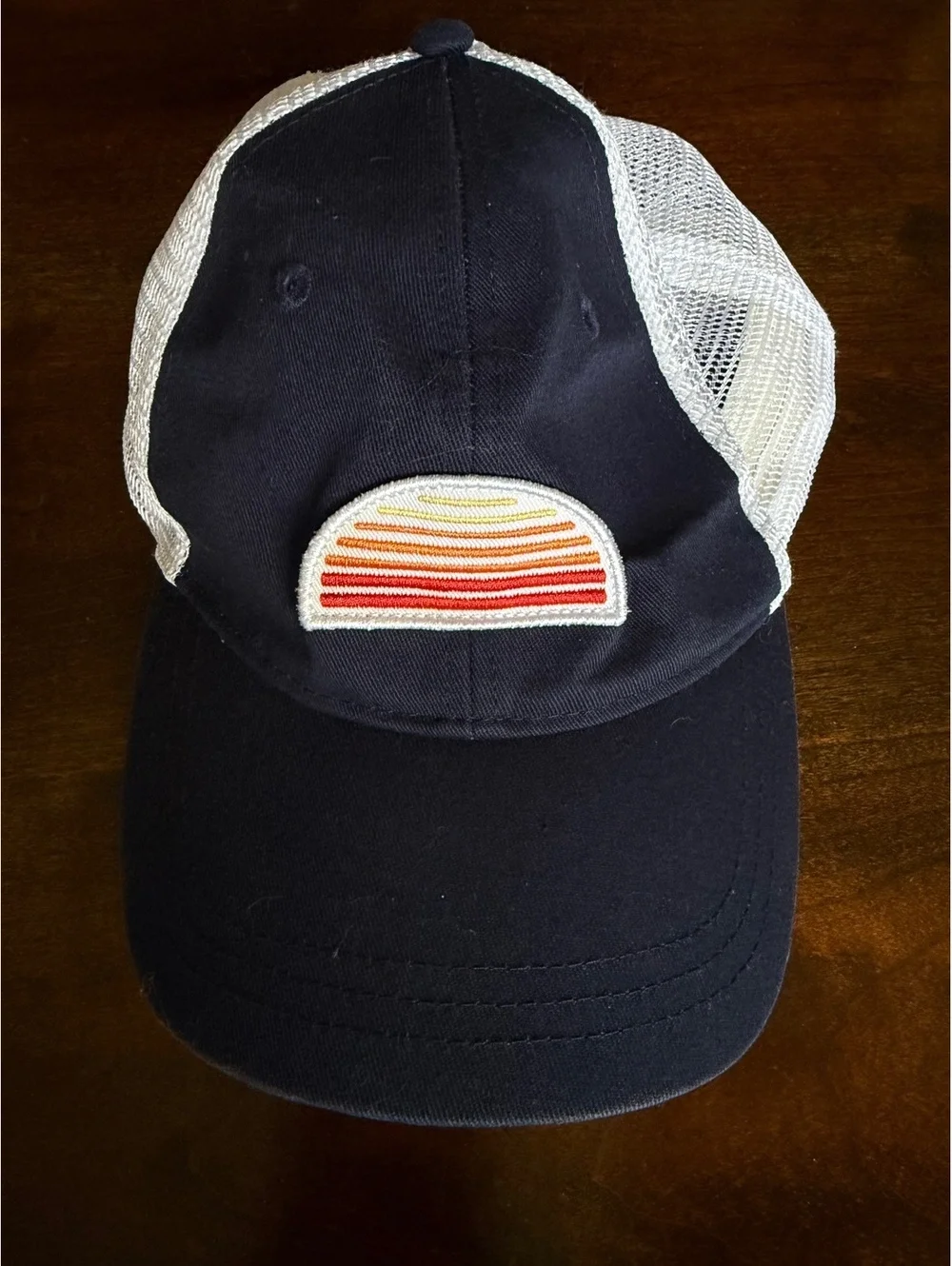 J.Crew Navy and White Mesh Baseball Cap with Sunset Patch